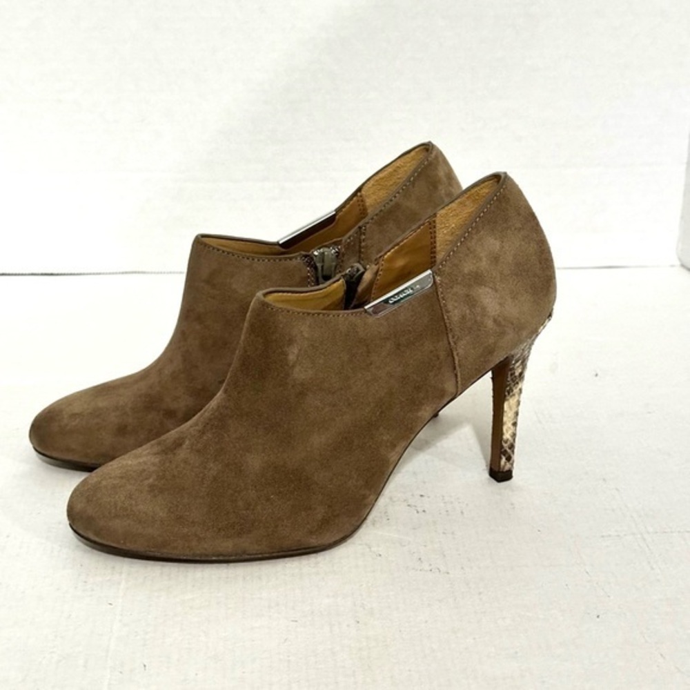 Coach Seneca suede ankle booties with a snakeskin print stiletto heel size 6.5